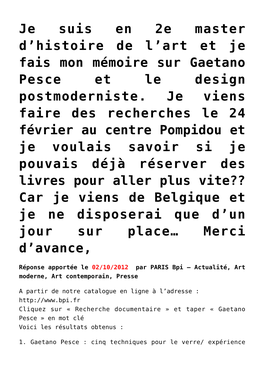 Art Et Je Fais Mon Mémoire Sur Gaetano Pesce Et Le Design Postmoderniste