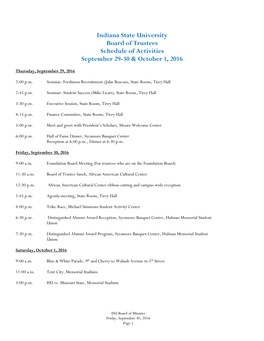 Indiana State University Board of Trustees Schedule of Activities September 29-30 & October 1, 2016