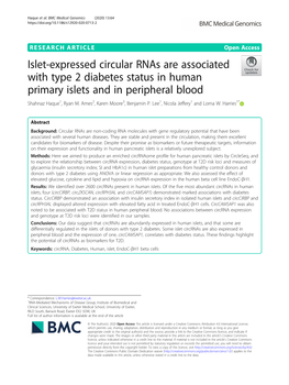 Islet-Expressed Circular Rnas Are Associated with Type 2 Diabetes Status in Human Primary Islets and in Peripheral Blood Shahnaz Haque1, Ryan M