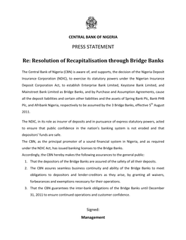 Resolution of Recapitalisation Through Bridge Banks
