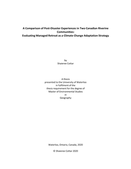 A Comparison of Post-Disaster Experiences in Two Canadian Riverine Communities: Evaluating Managed Retreat As a Climate Change Adaptation Strategy