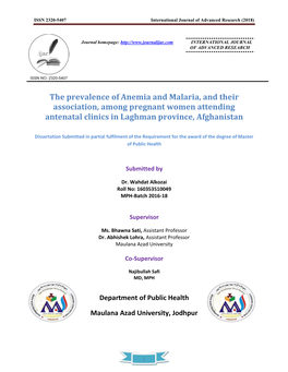 The Prevalence of Anemia and Malaria, and Their Association, Among Pregnant Women Attending Antenatal Clinics in Laghman Province, Afghanistan