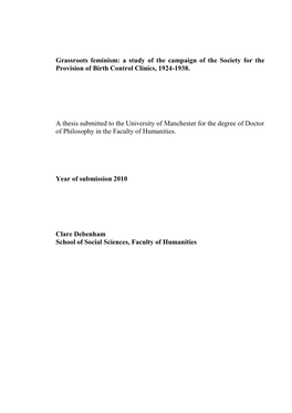 Grassroots Feminism: a Study of the Campaign of the Society for the Provision of Birth Control Clinics, 1924-1938