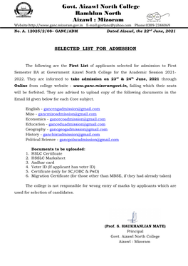 Govt. Aizawl North College Ramhlun North Aizawl : Mizoram Website: E-Mail:Govtanc@Yahoo.Com Phone:0389-2344069 No