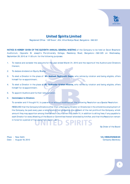 United Spirits Limited Registered Office : ‘UB Tower’, #24, Vittal Mallya Road, Bangalore - 560 001