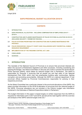 Research Unit: SAPS Provincial Budget Allocation 2018/19