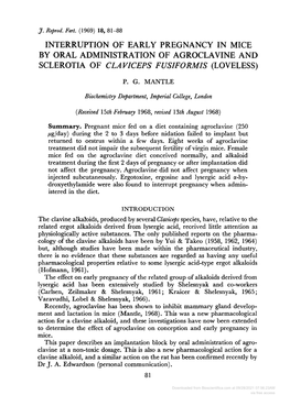 Interruption of Early Pregnancy in Mice by Oral Administration of Agroclavine and Sclerotia of Claviceps Fusiformis (Loveless)