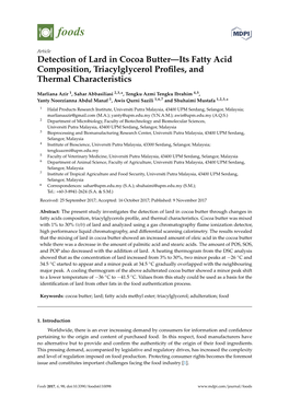 Detection of Lard in Cocoa Butter—Its Fatty Acid Composition, Triacylglycerol Proﬁles, and Thermal Characteristics