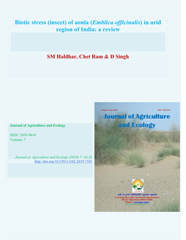 Biotic Stress (Insect) of Aonla (Emblica Officinalis) in Arid Region of India: a Review