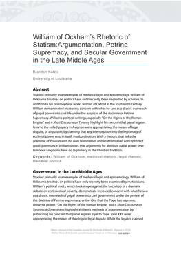 William of Ockham's Rhetoric of Statism:Argumentation, Petrine Supremacy, and Secular Government in the Late Middle Ages