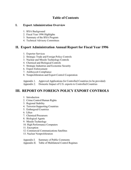 Table of Contents II. Export Administration Annual Report for Fiscal Year 1996 III. REPORT on FOREIGN POLICY EXPORT CONTROLS
