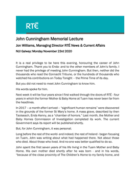 John Cunningham Memorial Lecture Jon Williams, Managing Director RTÉ News & Current Affairs NUI Galway: Monday November 23Rd 2020