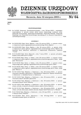 WOJEWÓDZTWA ZACHODNIOPOMORSKIEGO Szczecin, Dnia 12 Sierpnia 2003 R