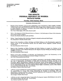 FEDERAL REPUBLIC of NIGERIA NOTICE PAPER Tuesday, 22Nd January, 2013