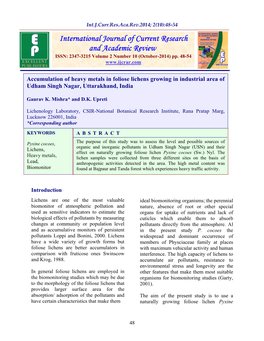 Accumulation of Heavy Metals in Foliose Lichens Growing in Industrial Area of Udham Singh Nagar, Uttarakhand, India