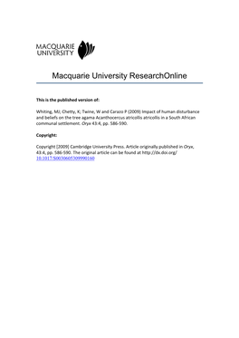 Impact of Human Disturbance and Beliefs on the Tree Agama Acanthocercus Atricollis Atricollis in a South African Communal Settlement