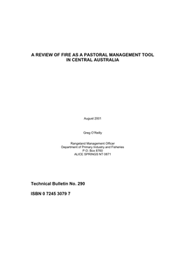 Fire As a Pastoral Management Tool in Central Australia