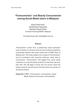 “Fomsumerism” and Beauty Consumerism Among Social Media Users in Malaysia