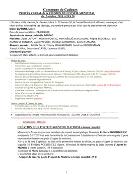 Commune De Cadours PROCÉS VERBAL De La RÉUNION DU CONSEIL MUNICIPAL Du 2 Octobre 2018 À 20 H 30