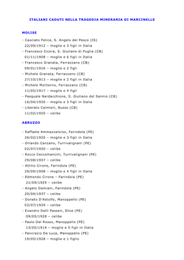 Italiani Caduti Nella Tragedia Mineraria Di Marcinelle Molise