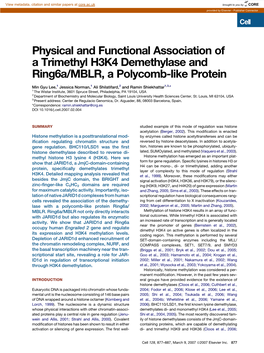 Physical and Functional Association of a Trimethyl H3K4 Demethylase and Ring6a/MBLR, a Polycomb-Like Protein