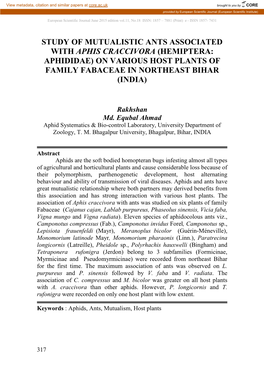 Study of Mutualistic Ants Associated with Aphis Craccivora (Hemiptera: Aphididae) on Various Host Plants of Family Fabaceae in Northeast Bihar (India)