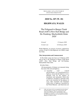 The Fishguard to Bangor Trunk Road (A487) (New Dyfi Bridge and De-Trunking, Machynlleth) Order 2020