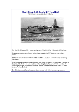 Short Bros. S.45 Seaford Flying Boat a Brief History Compiled by David H Clarke