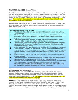 The ACT Election 2020: It Wasn't Time the ACT Election Between 28
