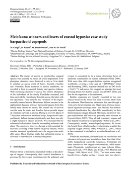Meiofauna Winners and Losers of Coastal Hypoxia: Case Study Harpacticoid Copepods