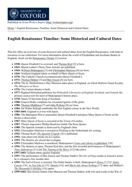 English Renaissance Timeline: Some Historical and Cultural Dates