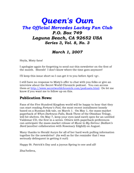 Queen's Own the Official Mercedes Lackey Fan Club P.O