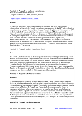 Martinès De Pasqually Et La Gnose Valentinienne Alain Marbeuf, Docteur Ès Sciences Chargé De Recherche Au CNRS, Bordeaux, France