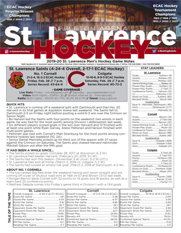 St. Lawrence Saints (4-24-4 Overall, 2-17-1 ECAC Hockey) STAT LEADERS St