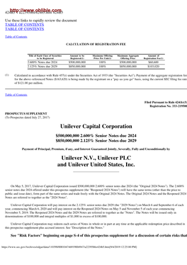 Unilever Capital Corporation Unilever N.V., Unilever PLC and Unilever United States, Inc