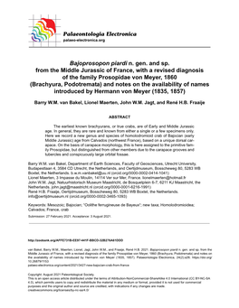 Bajoprosopon Piardi N. Gen. and Sp. from the Middle Jurassic of France, with a Revised Diagnosis of the Family Prosopidae Von Me