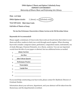 DMA Option 2 Thesis and Option 3 Scholarly Essay DEPOSIT COVERSHEET University of Illinois Music and Performing Arts Library