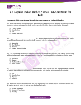 20 Popular Indian Dishes Names - GK Questions for Kids