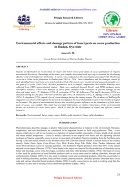 Environmental Effects and Damage Pattern of Insect Pests on Cocoa Production in Ibadan, Oyo State