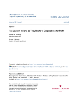 Tax Laws of Indiana As They Relate to Corporations for Profit