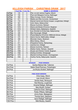 KILLEIGH PARISH CHRISTMAS DRAW 2017 Card No