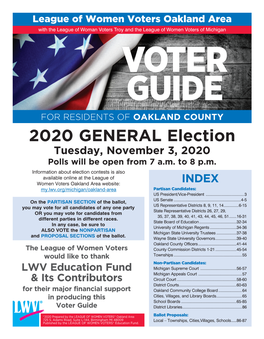 2020 GENERAL Election Tuesday, November 3, 2020 Polls Will Be Open from 7 A.M