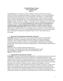 1 Contributed Paper Sessions MAA Mathfest 2021 August 4-7 the Mathematical Association of America Will Hold Its Ninety-Seventh S