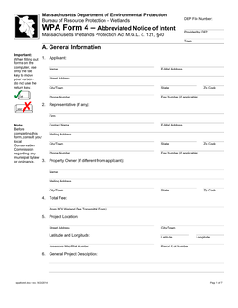 Abbreviated Notice of Intent Provided by DEP Massachusetts Wetlands Protection Act M.G.L