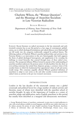 Charlotte Wilson, the ‘‘Woman Question’’, and the Meanings of Anarchist Socialism in Late Victorian Radicalism