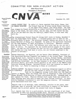 COMMITTEE for NON-VIOLENT ACTION 2006 Walnut Street Philadelphia 3, Pennsylvania R 6-2540 NEWS