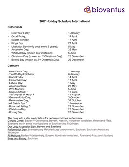 2017 Holiday Schedule International