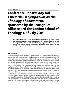 Conference Report: Why Did Christ Die? a Symposium on The