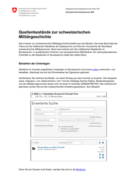 Quellenbestände Zur Schweizerischen Militärgeschichte
