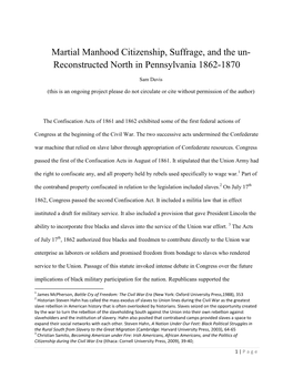 Martial Manhood Citizenship, Suffrage, and the Un- Reconstructed North in Pennsylvania 1862-1870